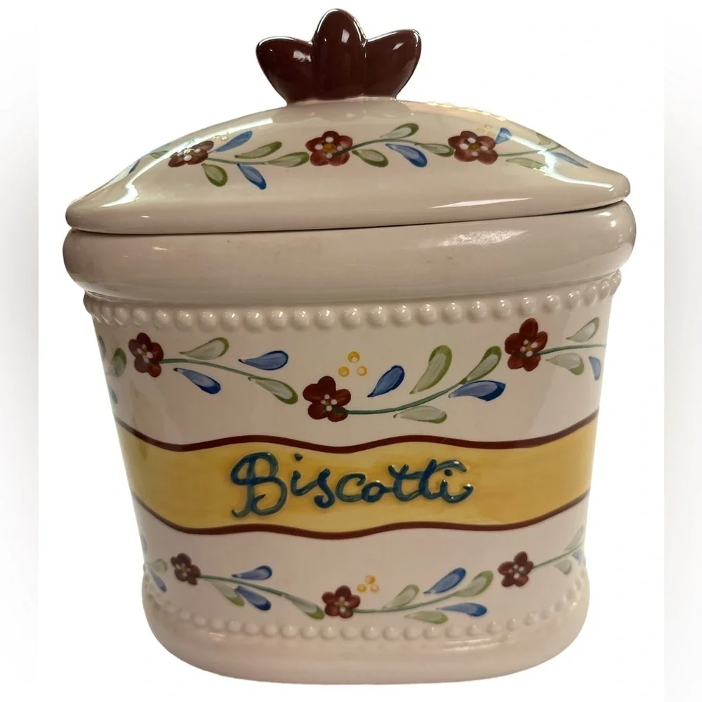 Biscotti Ceramic Cookie Jar Handmade for Nonni’s Floral Painted Ceramic w/Lid